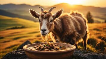 A goat curiously approaches a bowl of food against a scenic sunset backdrop. photo