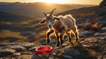 A goat stands on rocks at sunset, next to a red circular object. photo