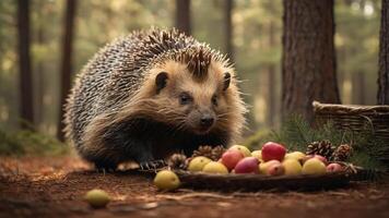 A hedgehog forages near a basket of colorful fruits in a serene forest setting. photo