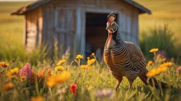 A colorful rooster stands in a field of flowers near a rustic wooden shed. photo