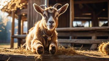 A cute goat resting on straw in a rustic barn setting, showcasing farm life. photo