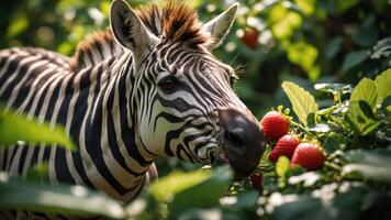 A zebra curiously approaches a cluster of red berries amidst lush greenery. photo
