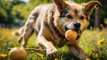 A playful dog enjoys a sunny day in a field, chewing on a ball and surrounded by flowers. photo