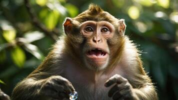 A surprised monkey holding a shiny object amidst lush greenery. photo
