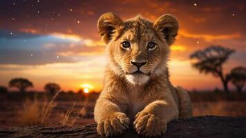 A young lion cub resting on a log during a vibrant sunset in the savanna. photo