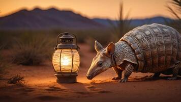 An armadillo curiously approaches a glowing lantern in a desert landscape at sunset. photo