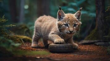 A playful lynx cub interacts with a tire in a lush forest setting. photo