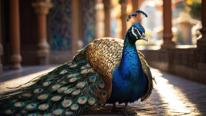 A majestic peacock with vibrant plumage stands in a sunlit architectural setting.