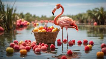 A flamingo stands by a basket of colorful fruits in a serene water setting. photo