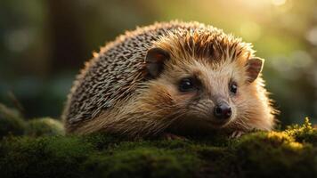 A close-up of a hedgehog resting on moss in a serene, natural setting. photo