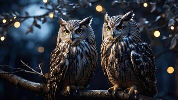 Two majestic owls perched on a branch, illuminated by soft, glowing lights in a serene setting. photo