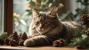 A serene cat lounging by a window with pinecones and greenery. photo