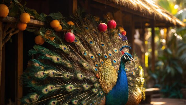 A vibrant peacock displays its colorful feathers near a rustic setting adorned with fruits.