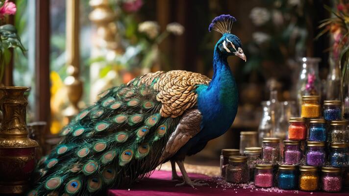 A vibrant peacock stands near colorful jars, showcasing beauty and cultural elements.