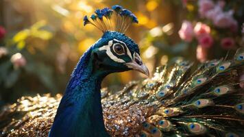 A close-up of a vibrant peacock showcasing its colorful feathers in a lush garden setting. photo