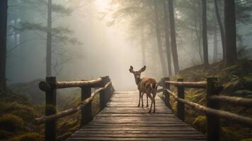 A deer stands on a wooden bridge in a misty forest, creating a serene atmosphere. photo