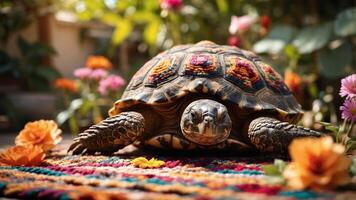 A turtle resting on a colorful rug surrounded by vibrant flowers in a garden setting. photo