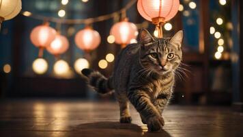 A tabby cat walking through a softly lit space adorned with colorful lanterns. photo