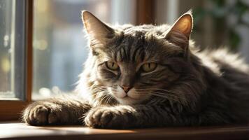 A close-up of a cat lounging in sunlight by a window, showcasing its relaxed demeanor. photo