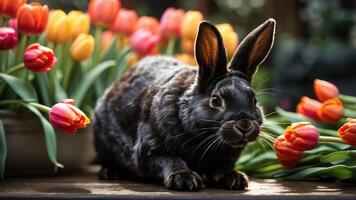 A black rabbit sits among vibrant tulips, creating a serene springtime scene. photo