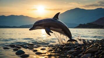 A dolphin leaps from the water against a sunset backdrop, creating a serene and dynamic scene. photo