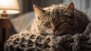 A close-up of a fluffy cat resting on a knitted blanket near a lamp. photo