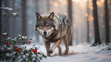 A wolf walking through a snowy forest, surrounded by trees and red berries. photo