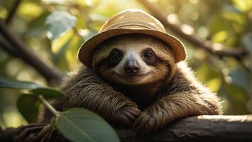 A cheerful sloth wearing a straw hat, resting on a branch amidst lush greenery. photo