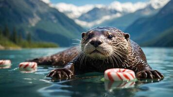 An otter floats in a serene lake, surrounded by mountains and peppermint candies. photo