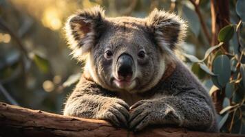 A close-up of a koala resting on a tree branch in its natural habitat. photo