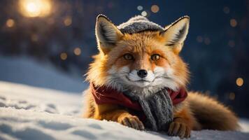 A fox in winter attire resting in the snow, surrounded by a serene, snowy landscape. photo