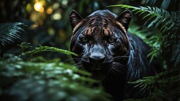 A black panther stealthily emerges from lush greenery in a dense jungle setting. photo