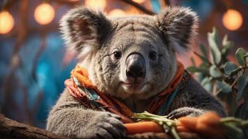 A koala wearing a colorful scarf, sitting with carrots in a vibrant, illuminated setting. photo