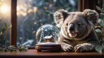A koala beside a snow globe featuring a winter scene with a cabin and trees. photo