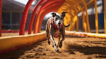 A greyhound runs energetically through a colorful tunnel at a racing track. photo