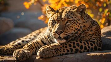 A majestic leopard resting on a rock, surrounded by autumn foliage. photo