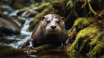 A playful otter emerges from a stream, surrounded by lush greenery and smooth stones. photo