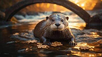 A playful otter emerges from water, surrounded by rocks and leaves, illuminated by warm light. photo