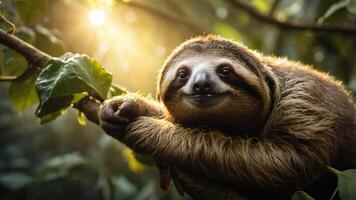 A sloth resting on a branch, surrounded by lush greenery and soft sunlight. photo