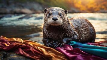 An otter resting on colorful fabrics by a river during sunset. photo
