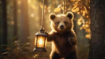 A playful bear holding a lantern in a serene forest setting during autumn. photo