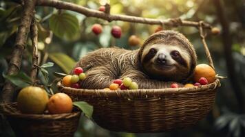 A sloth resting in a basket surrounded by colorful fruits in a lush, green environment. photo