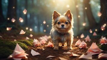 A small dog surrounded by paper origami in a serene forest setting. photo