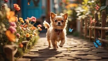 A small dog joyfully runs along a flower-lined path, surrounded by butterflies. photo