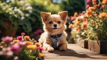 A small dog resting on a wooden path surrounded by colorful flowers in a garden. photo