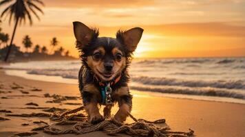 A small dog joyfully runs along a beach at sunset, with waves and palm trees in the background. photo