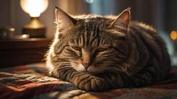 A serene cat resting comfortably on a quilt in soft, warm lighting. photo