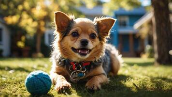 A happy dog lying on grass with a blue ball in a sunny backyard setting. photo
