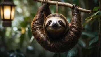 A sloth hanging from a branch in a lush, green environment, showcasing its unique features. photo