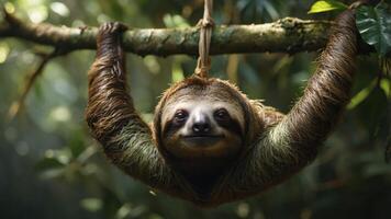 A sloth hanging from a tree branch, surrounded by lush greenery. photo